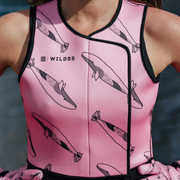 Pink neoprene body warmer with black whale pattern 