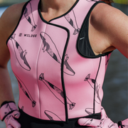 Pink neoprene body warmer with black whale pattern 