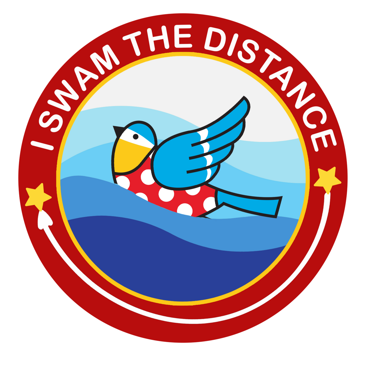 Circular logo with a bird illustration and 'I Swam the Distance' text on a white background