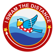 Circular logo with a bird illustration and 'I Swam the Distance' text on a white background