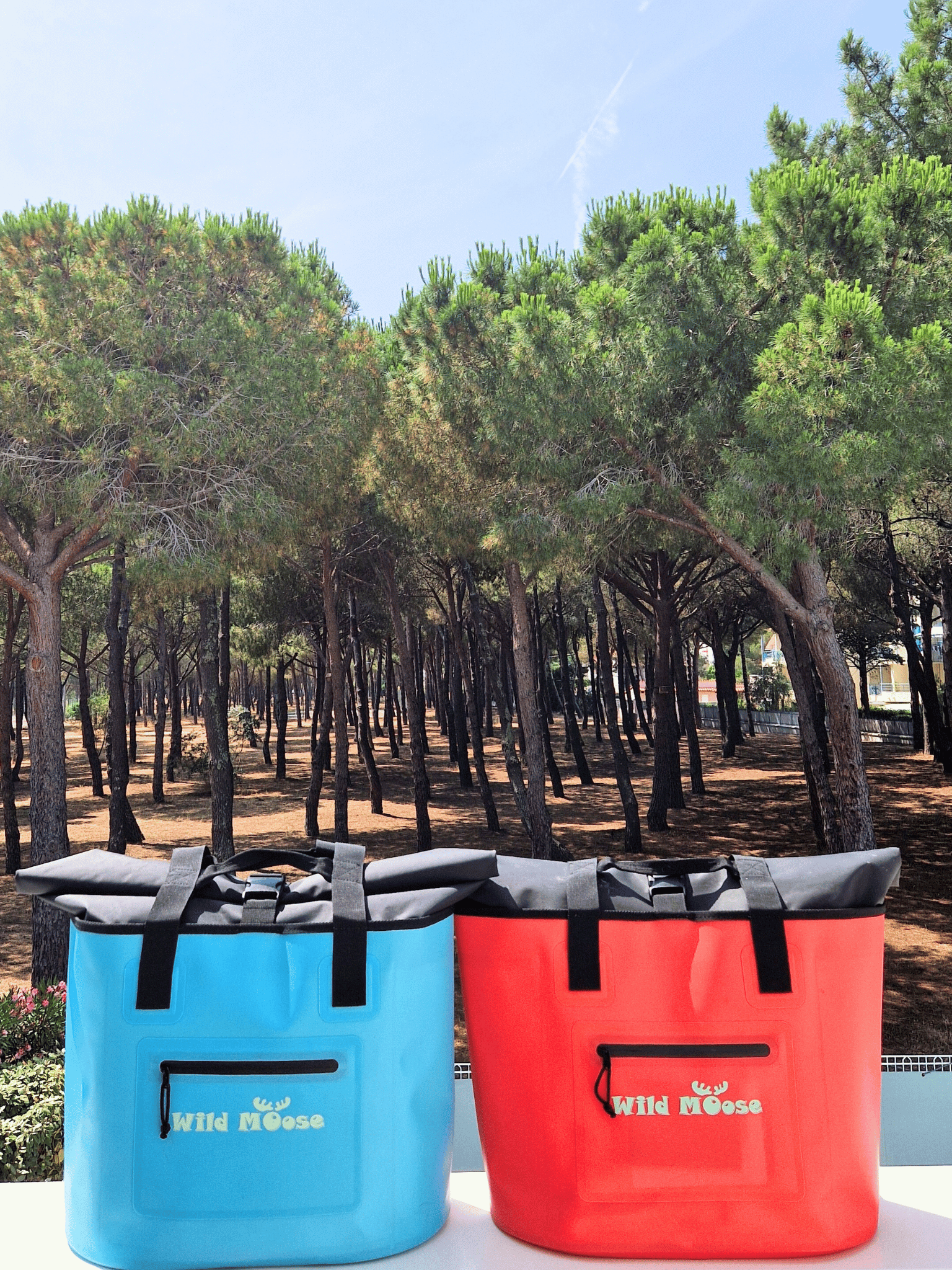product shot  a bright blue and a coral coloured tote bag with Wild Moose logo on a white wall in front of a pine forest