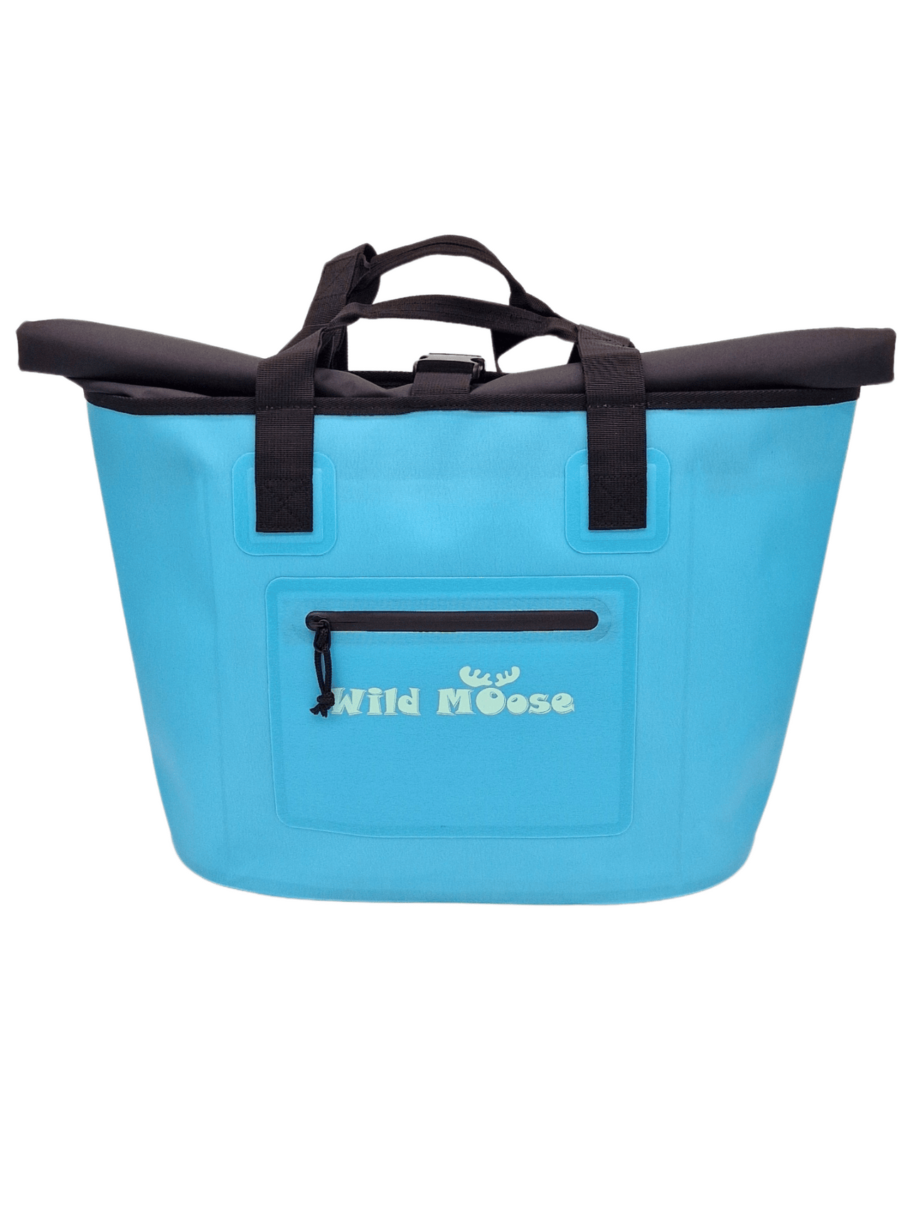 product shot  a bright blue tote bag with Wild Moose logo
